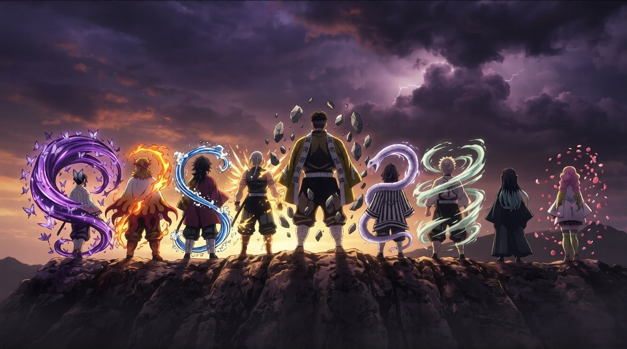 Les neuf Piliers de Demon Slayer vus de dos au sommet d'une crête, chacun nimbé de son aura élémentaire face à un ciel d'orage violet