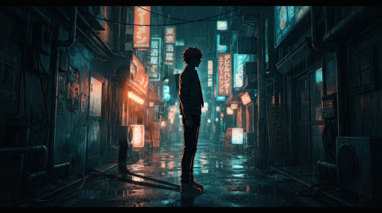 Silhouette dans une ruelle aux néons sous la pluie, ombre en forme de tronçonneuse — le guide Chainsaw Man 2026
