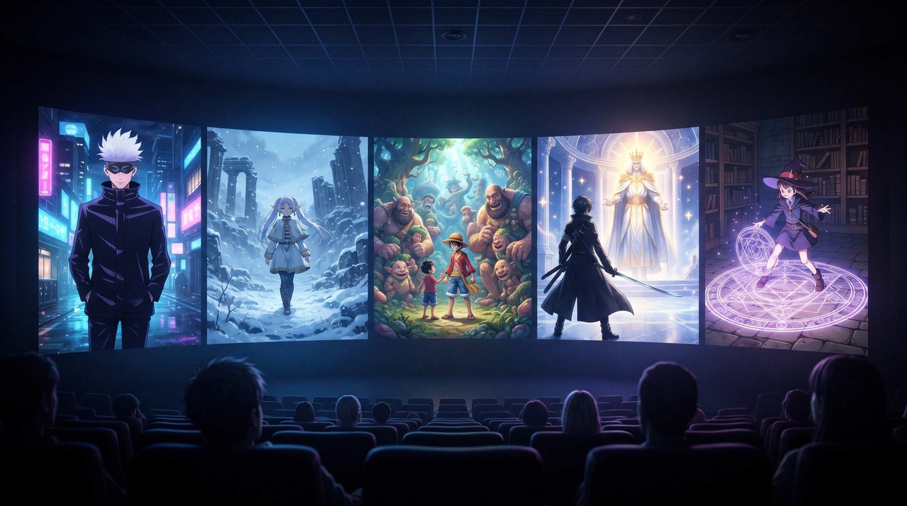 Une salle de cinéma sombre dont l'écran géant est divisé en cinq mondes d'anime : un exorciste, une elfe mage, un pirate au chapeau de paille, un sabreur en noir, une apprentie sorcière