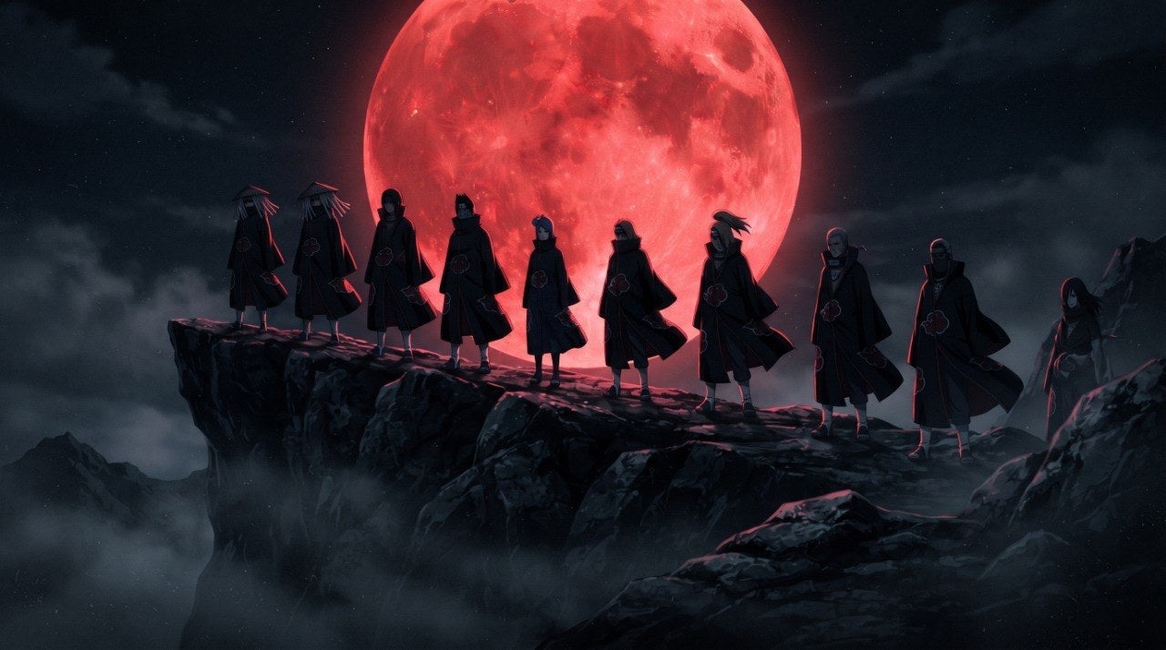 Les dix membres de l'Akatsuki alignés de nuit sur une crête, manteaux noirs aux nuages rouges et chapeaux de paille, devant une lune rouge