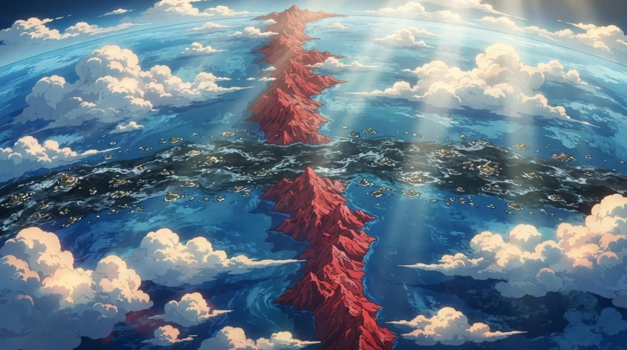 Vue aérienne du monde océanique de One Piece avec la Red Line et Grand Line