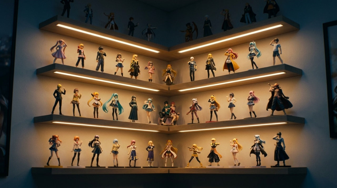 Collection de figurines manga exposée sur des étagères murales avec éclairage LED