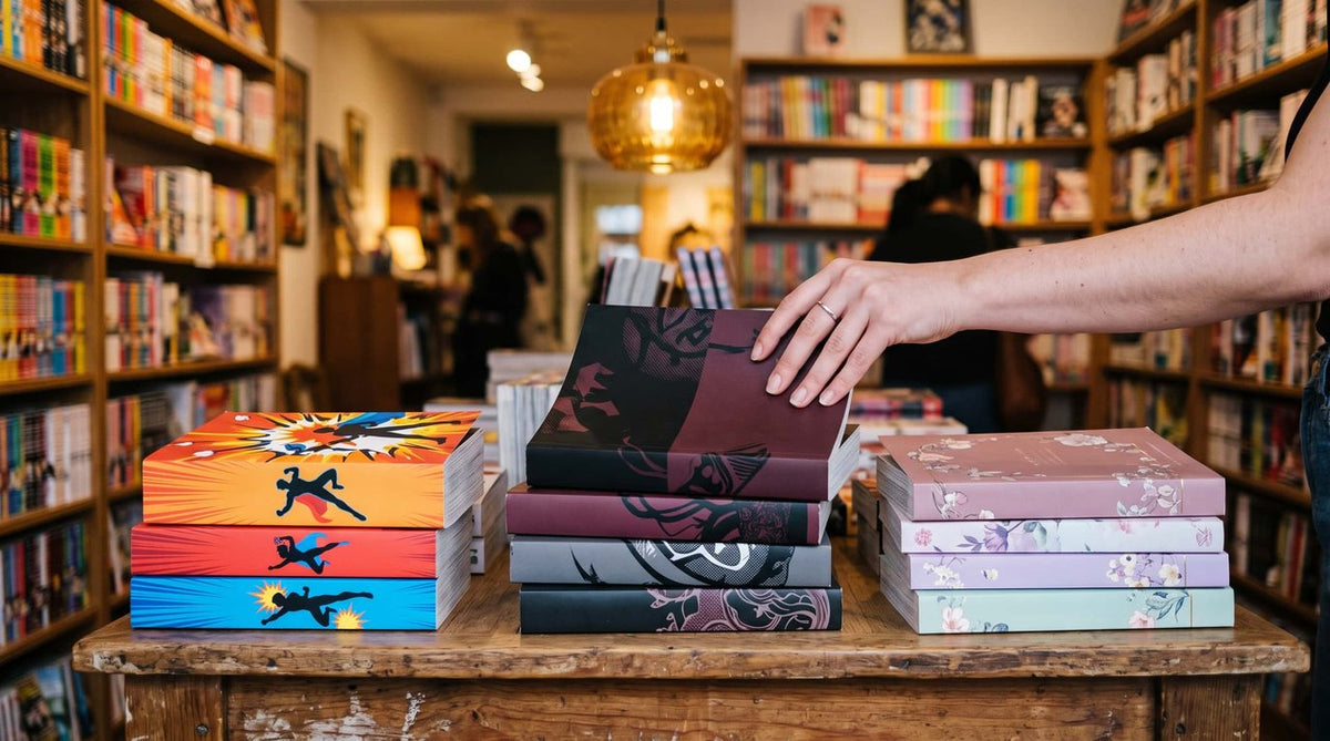 Trois piles de mangas sur la table d'une librairie : couvertures vives de shonen à gauche, sombres de seinen au centre, pastel de shojo à droite ; une main tire un tome de la pile du centre