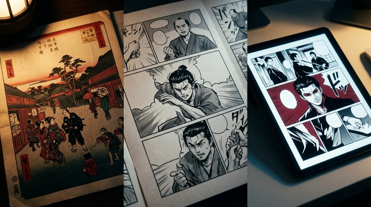 Frise illustrant l'histoire du manga japonais des estampes au numérique