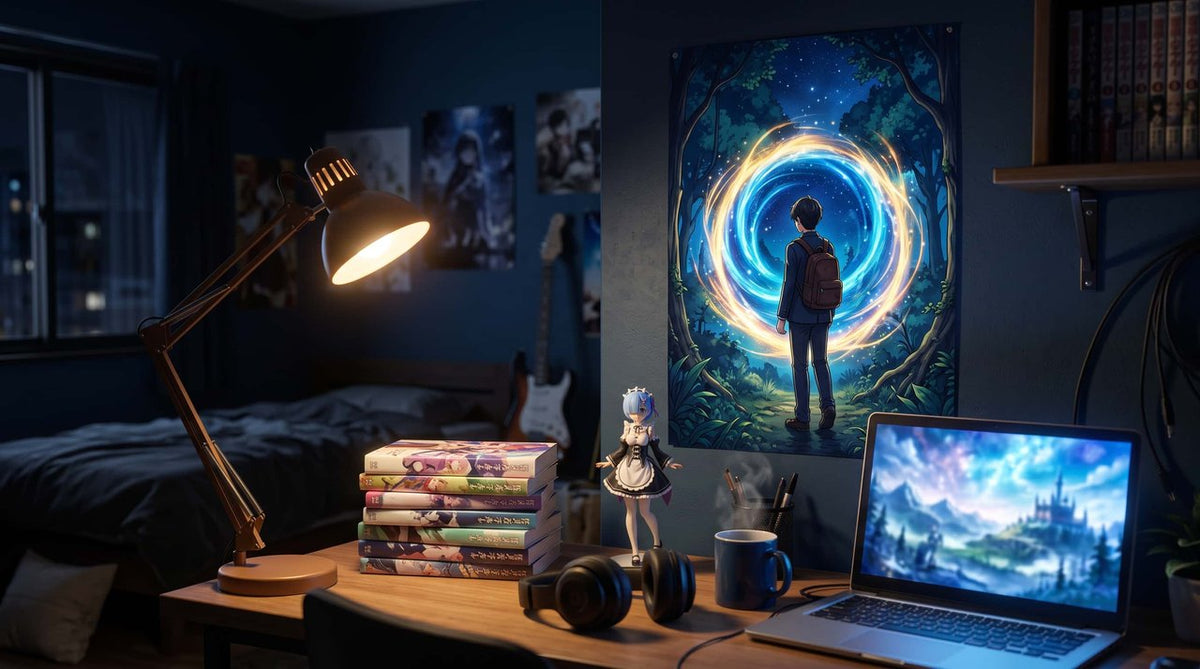 Chambre la nuit : affiche façon anime d'un lycéen devant un portail de lumière bleue et dorée dans une forêt, pile de romans illustrés, figurine de Rem, casque audio et ordinateur portable affichant un paysage de fantasy