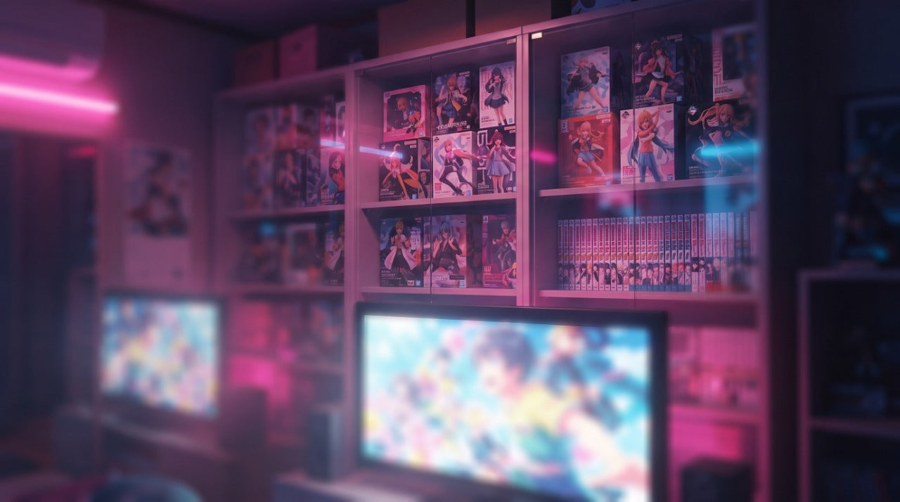 Etagere de collectionneur eclairee au neon avec figurines et mangas - animes ecchi