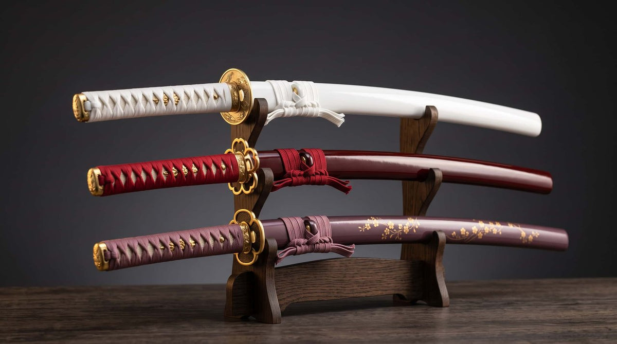 Les trois katanas de Roronoa Zoro sur un présentoir en bois à trois étages : Wadō Ichimonji blanc, Sandai Kitetsu rouge et Enma mauve à fleurs dorées