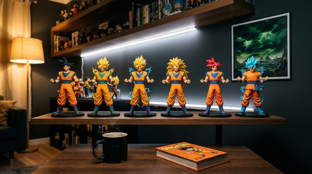 Étagère éclairée par un ruban LED avec six figurines de Goku : cheveux noirs, Super Saiyan, Super Saiyan 2, Super Saiyan 3 aux cheveux longs, Divin aux cheveux rouges et Blue ; affiche de Namek au mur