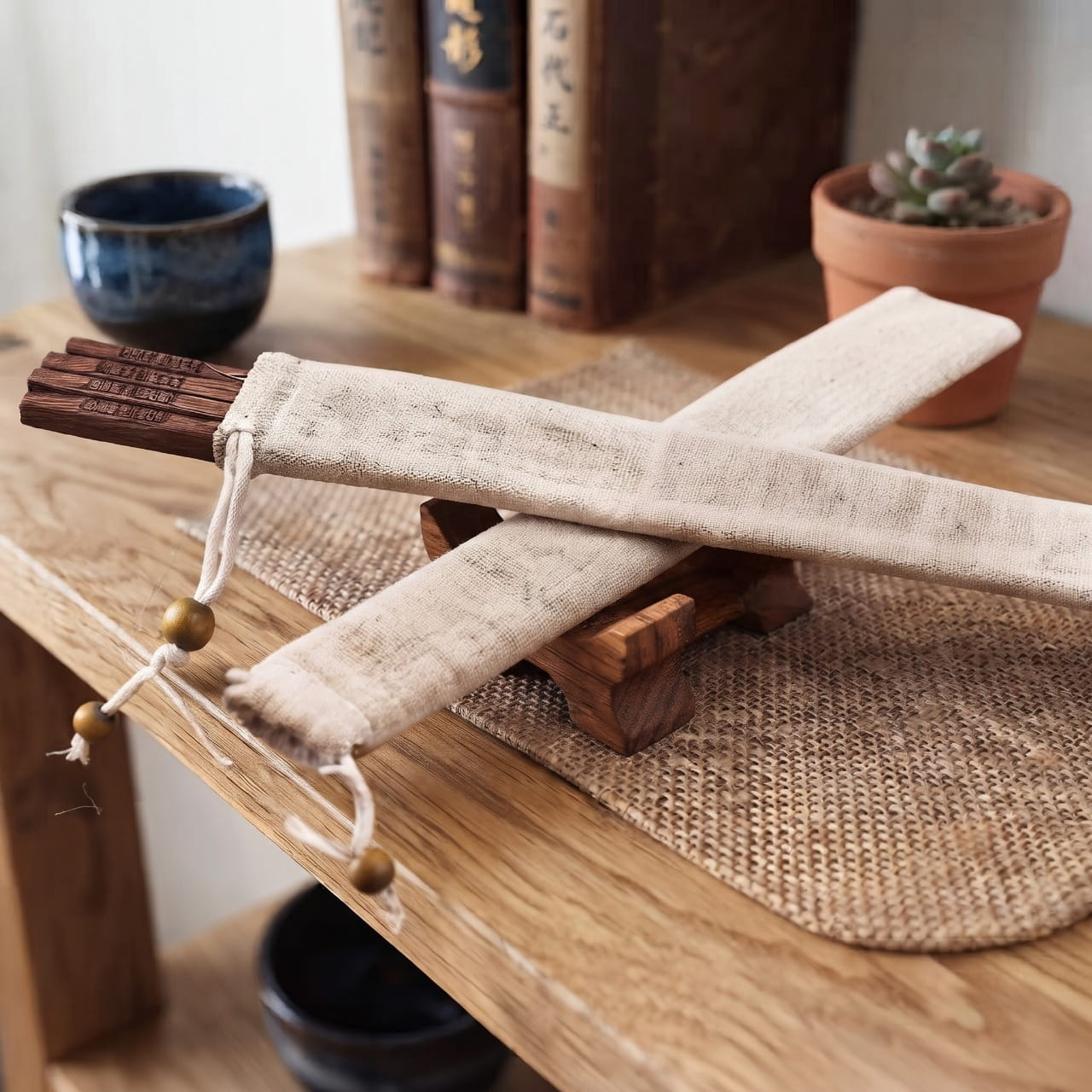 Baguettes One Piece en bois posées sur un repose-baguettes, sur une table en bois