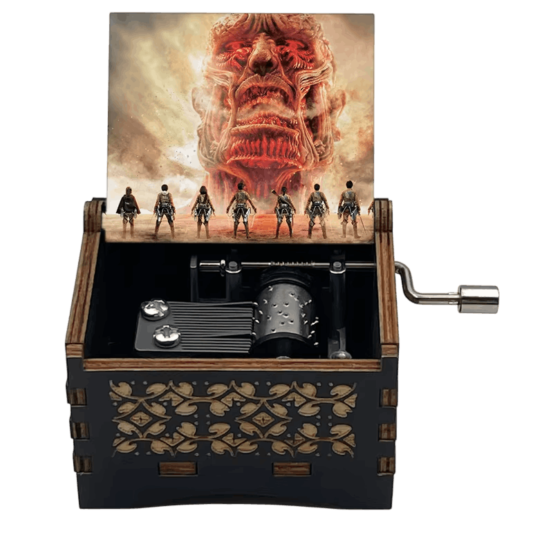 Boîte à musique Attaque des Titans, couvercle titan colossal face à des silhouettes