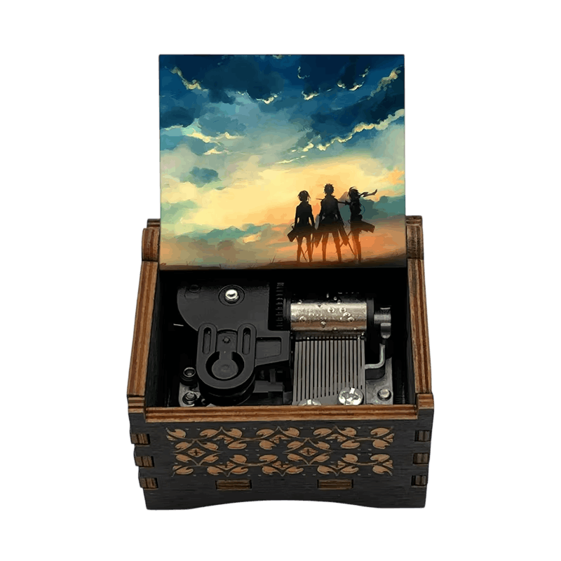 Boîte à musique Attaque des Titans, couvercle trois silhouettes au crépuscule