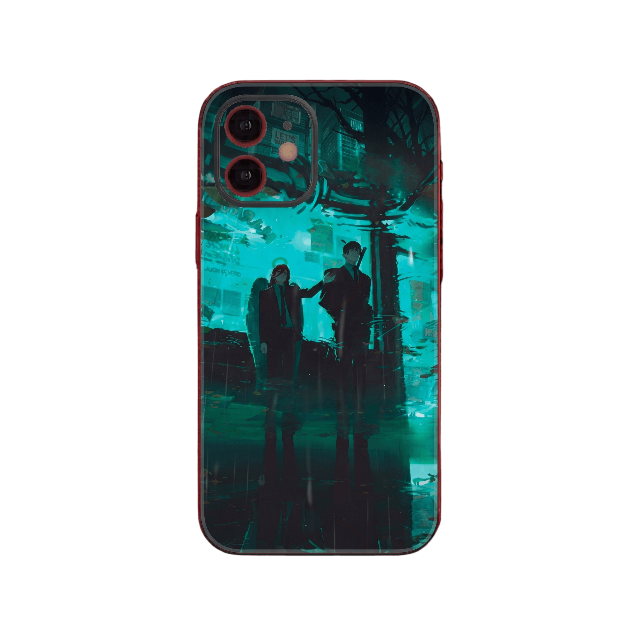Coque iPhone Chainsaw Man illustrant Aki Hayakawa et l'Ange-Démon en costume dans une rue nocturne détrempée aux reflets turquoise