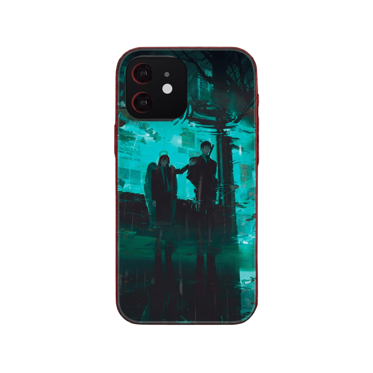 Coque iPhone Chainsaw Man illustrant Aki Hayakawa et l'Ange-Démon en costume dans une rue nocturne détrempée aux reflets turquoise