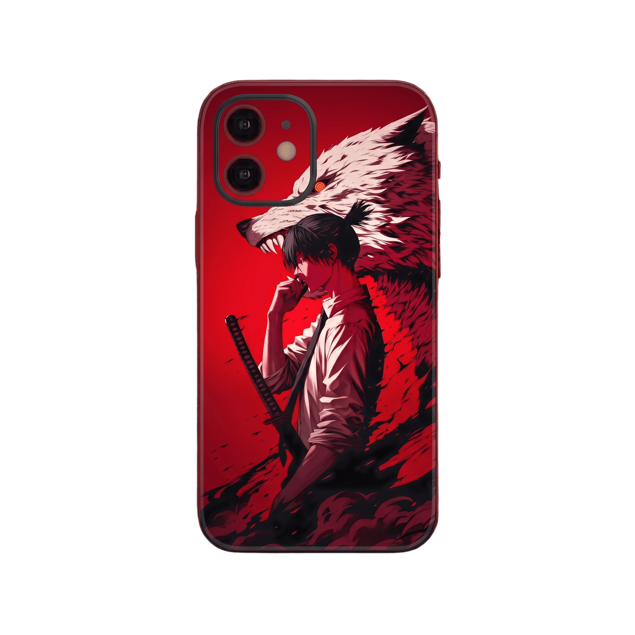 Coque iPhone Chainsaw Man illustrant Aki Hayakawa de profil, katana dans le dos, devant la gueule du Démon Renard sur fond rouge