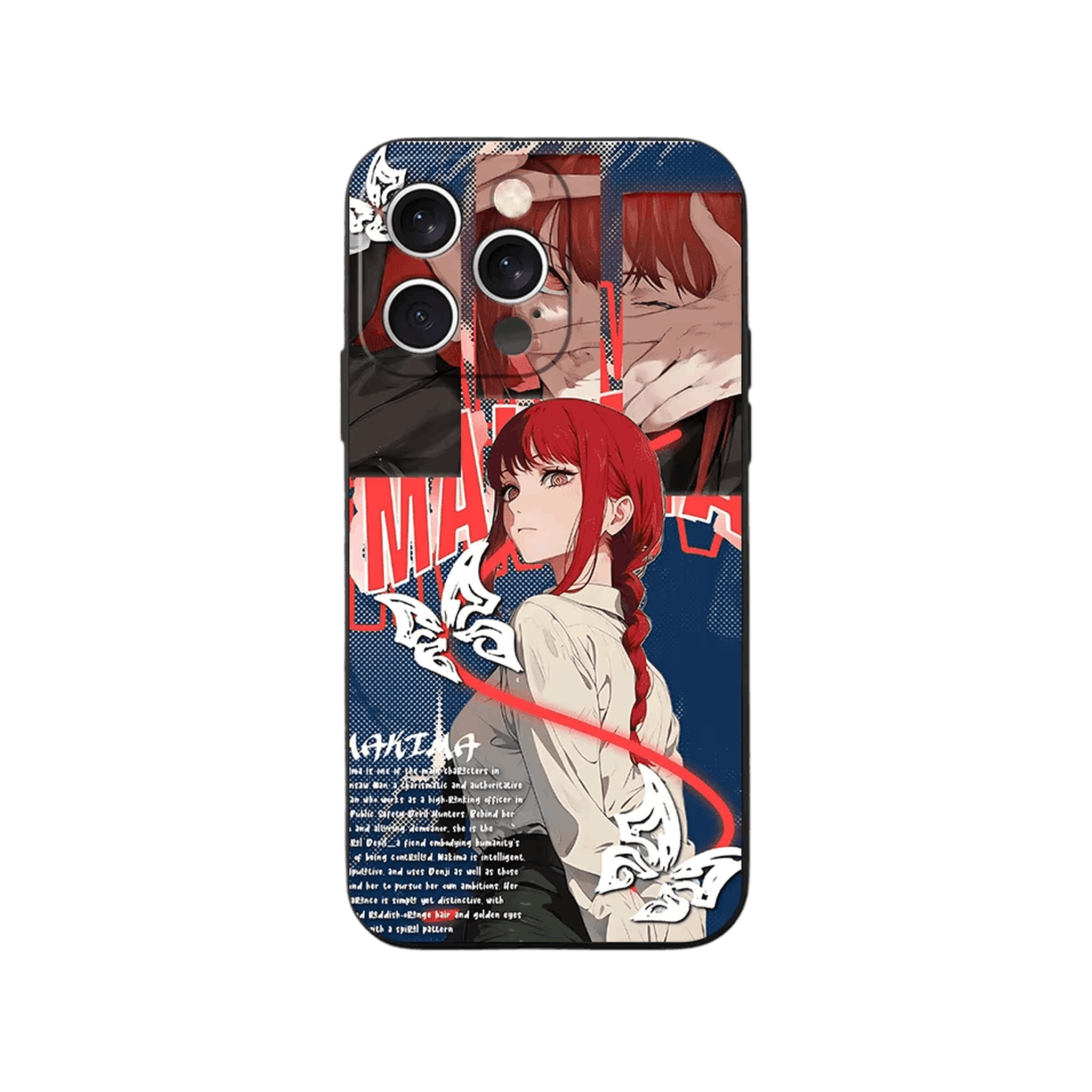Coque iPhone Chainsaw Man – Makima, Fiche de Personnage, dominante bleu nuit et rouge