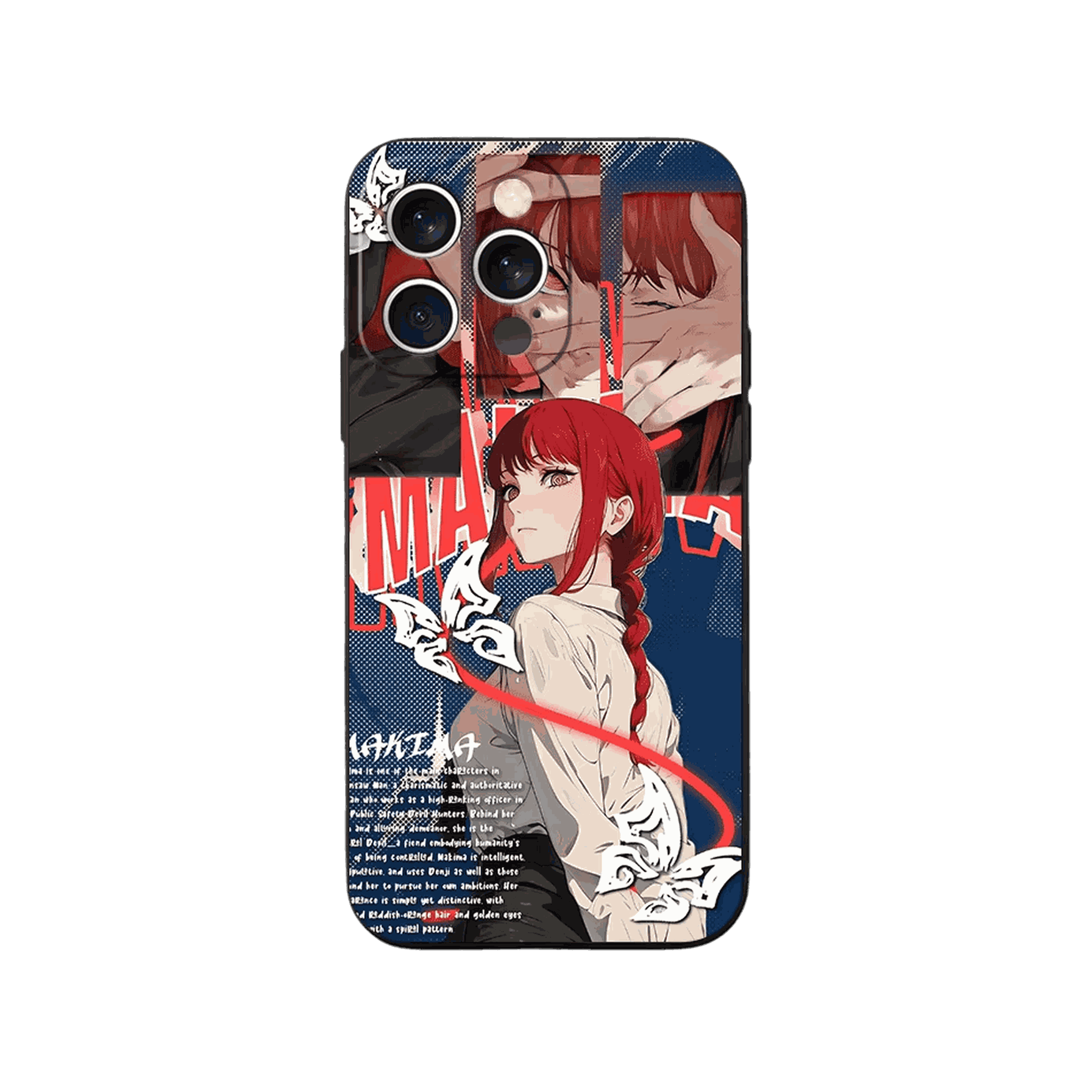 Coque iPhone Chainsaw Man – Makima, Fiche de Personnage, dominante bleu nuit et rouge