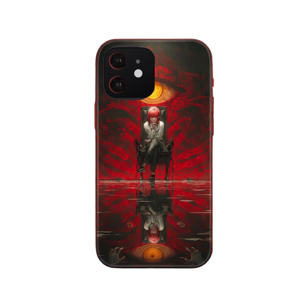 Coque iPhone Chainsaw Man illustrant Makima assise sur un trône, chaînes et œil géant, en composition miroir sur fond rouge