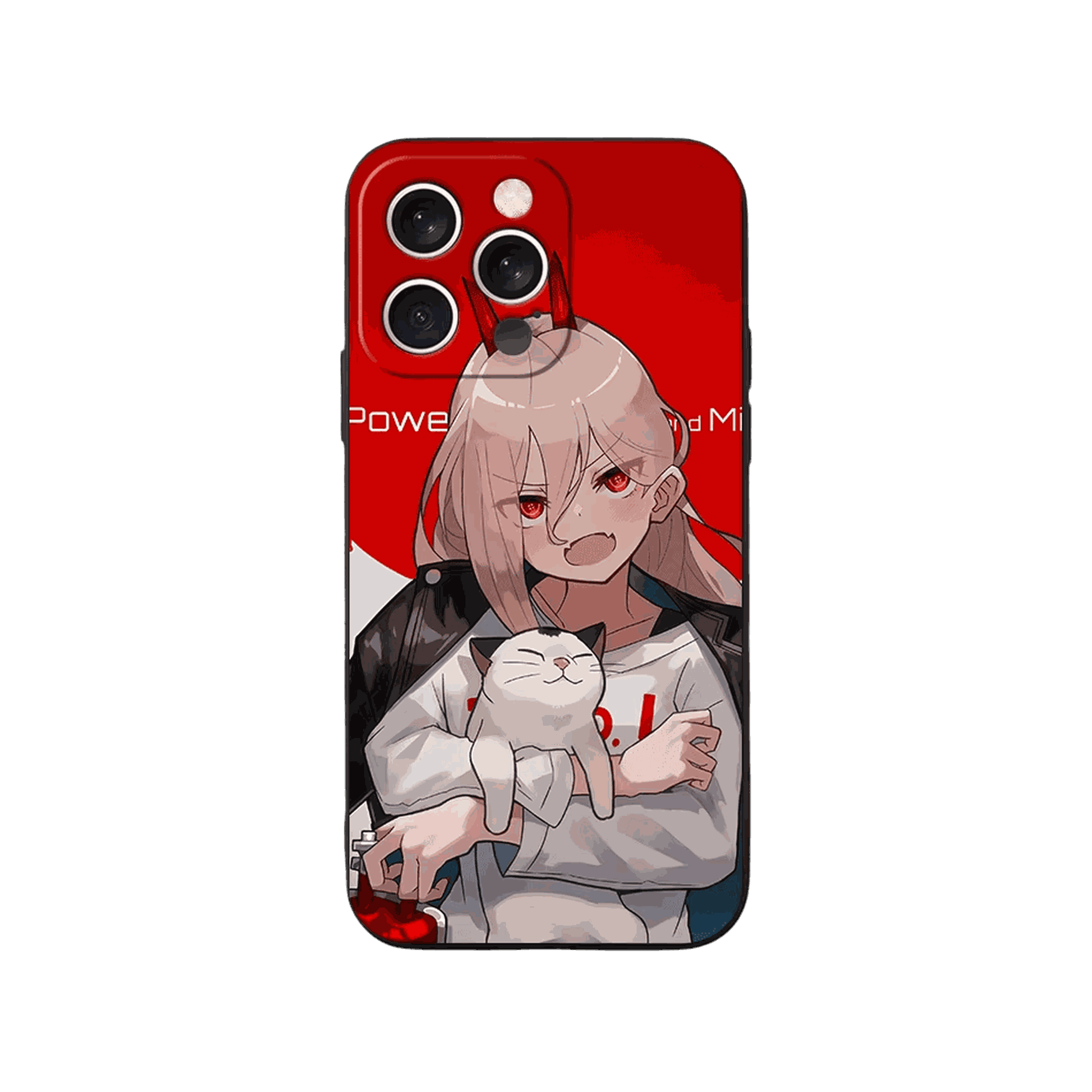 Coque iPhone Chainsaw Man – Power et son Chat, dominante rouge et blanc