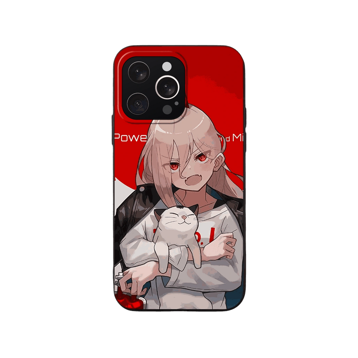 Coque iPhone Chainsaw Man – Power et son Chat, dominante rouge et blanc