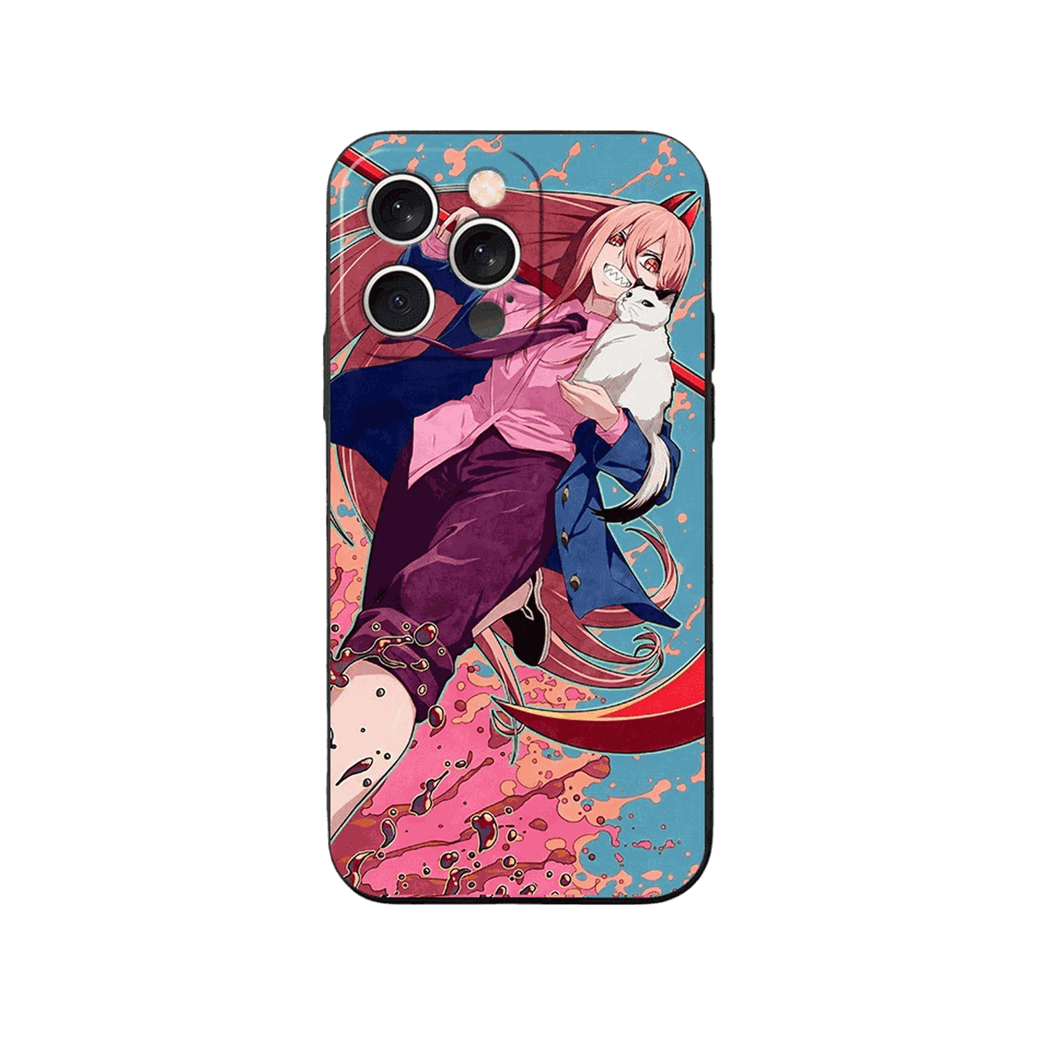 Coque iPhone Chainsaw Man – Power, Éclaboussures, dominante rose et bleu ciel