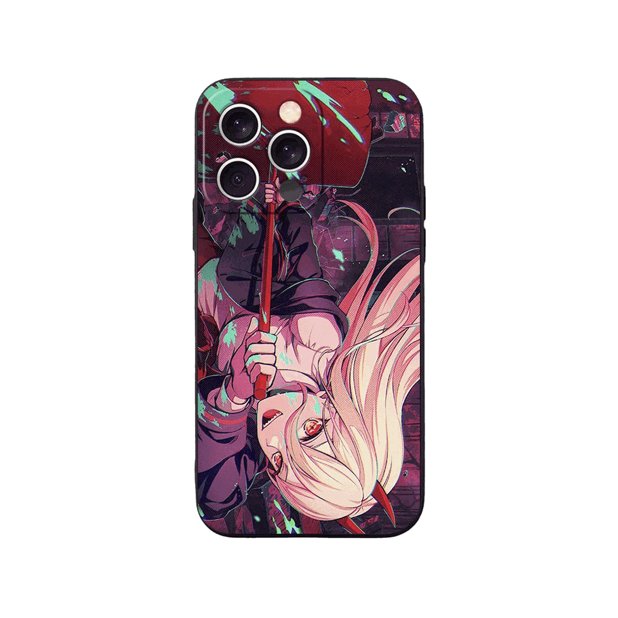 Coque iPhone Chainsaw Man – Power, Tête en Bas, dominante rouge sombre