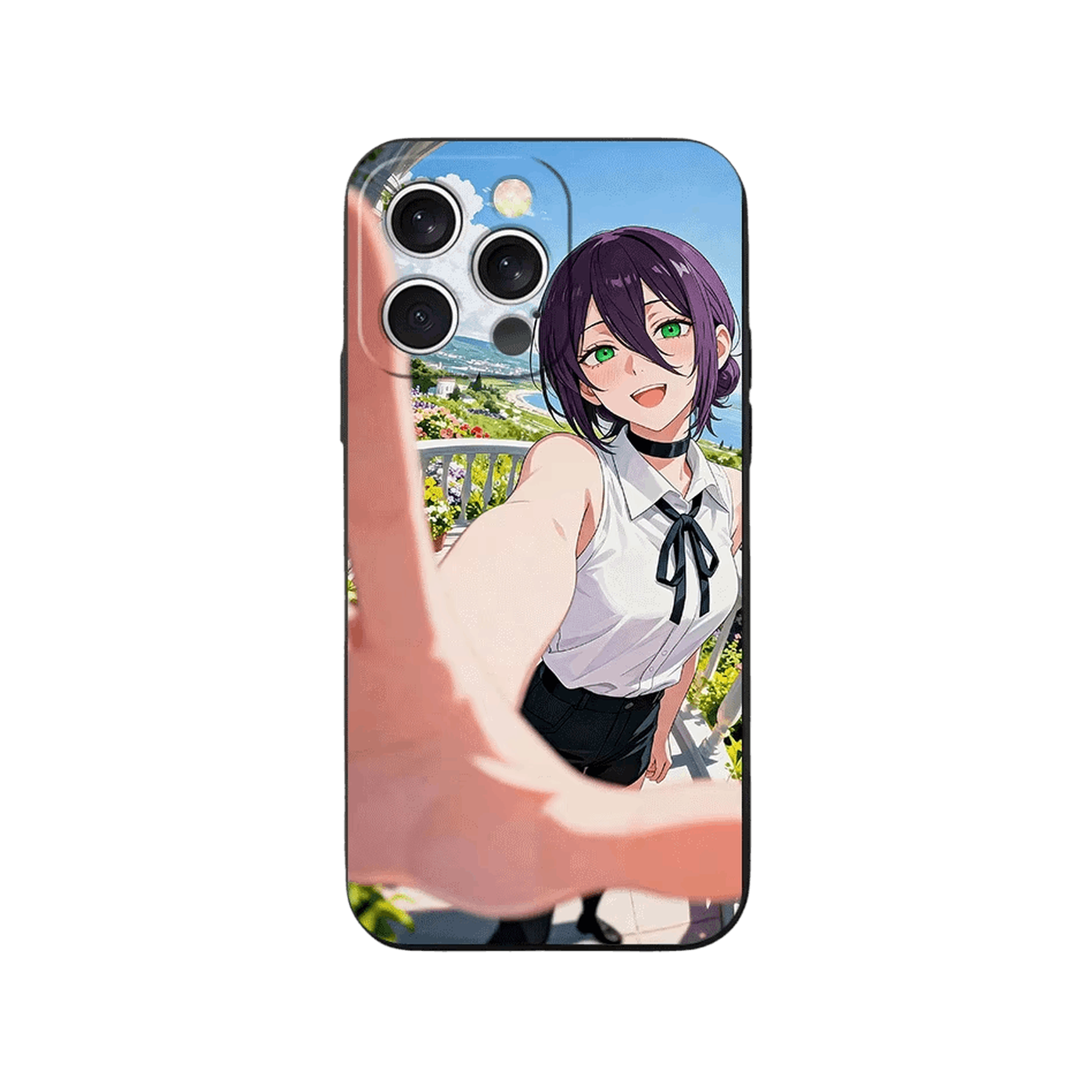 Coque iPhone Chainsaw Man – Reze, Main Tendue au Bord de Mer, dominante bleu ciel