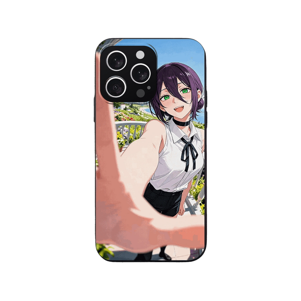 Coque iPhone Chainsaw Man – Reze, Main Tendue au Bord de Mer, dominante bleu ciel