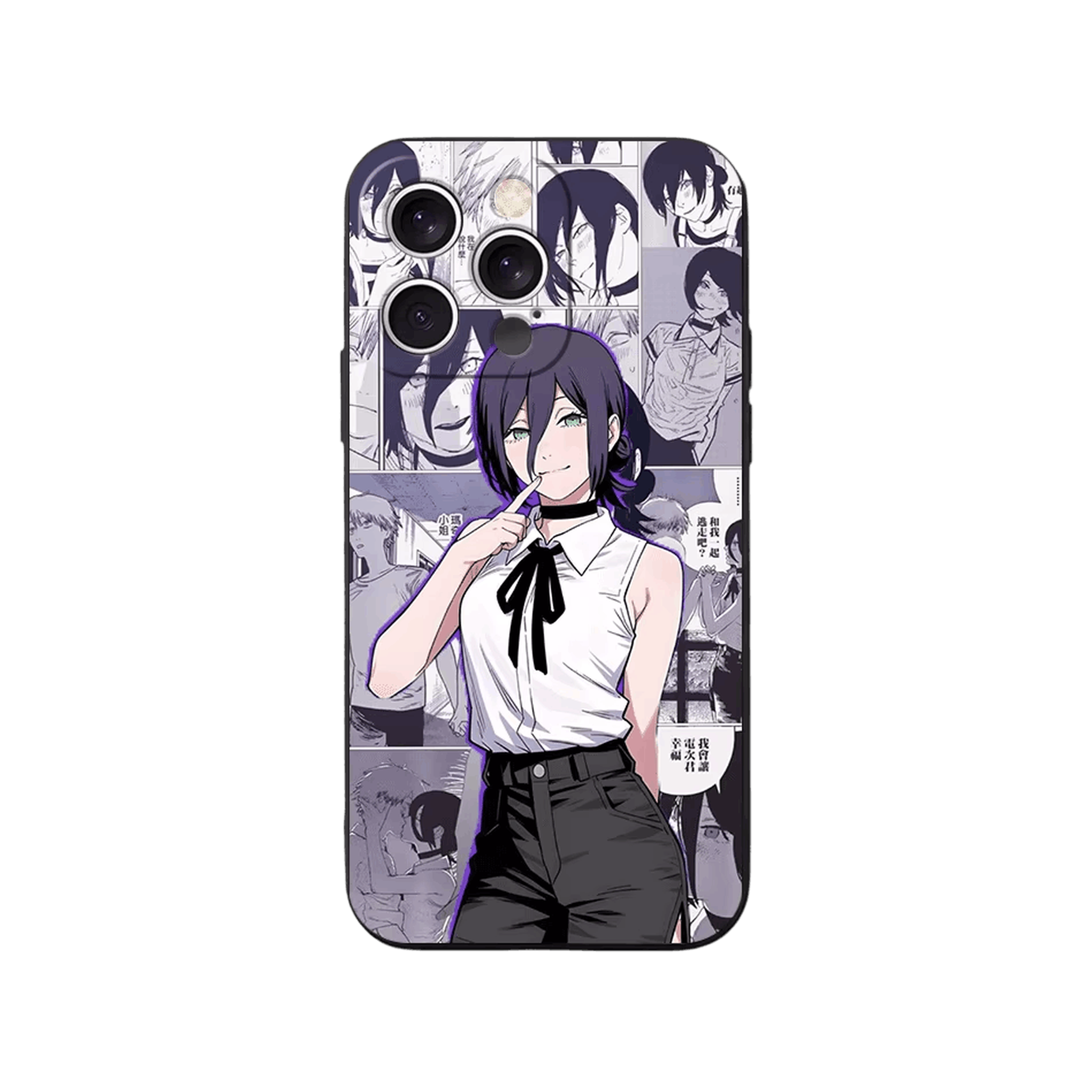 Coque iPhone Chainsaw Man – Reze, Collage Manga, dominante violet pâle