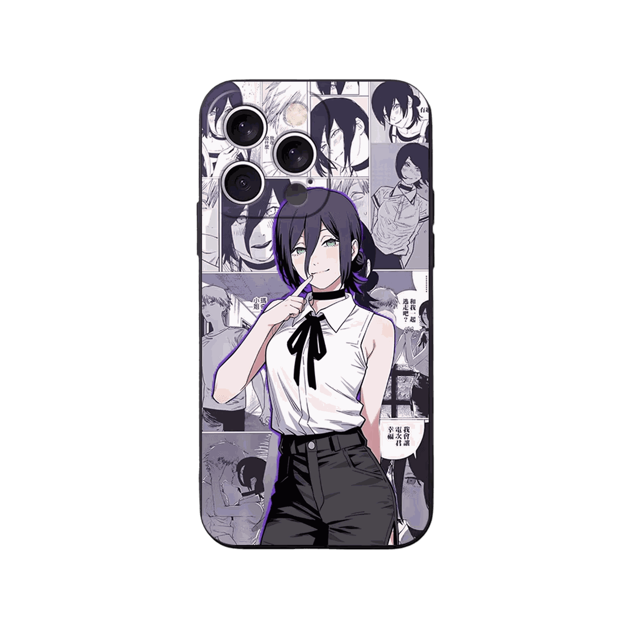 Coque iPhone Chainsaw Man – Reze, Collage Manga, dominante violet pâle