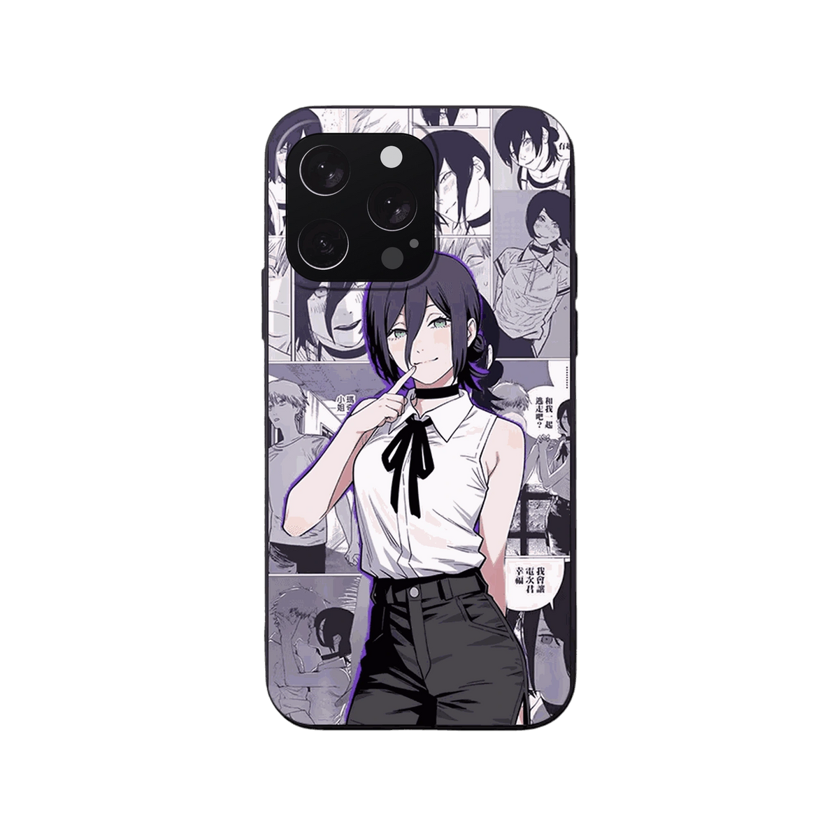 Coque iPhone Chainsaw Man – Reze, Collage Manga, dominante violet pâle