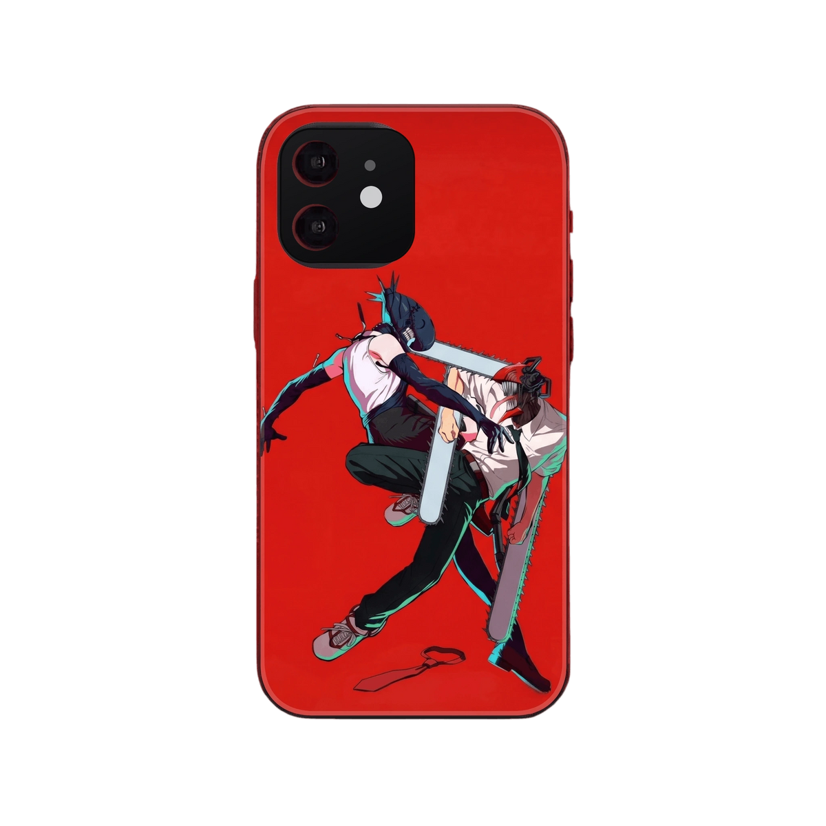 Coque iPhone Chainsaw Man illustrant Reze et Denji transformés, lames croisées en plein saut sur un aplat rouge