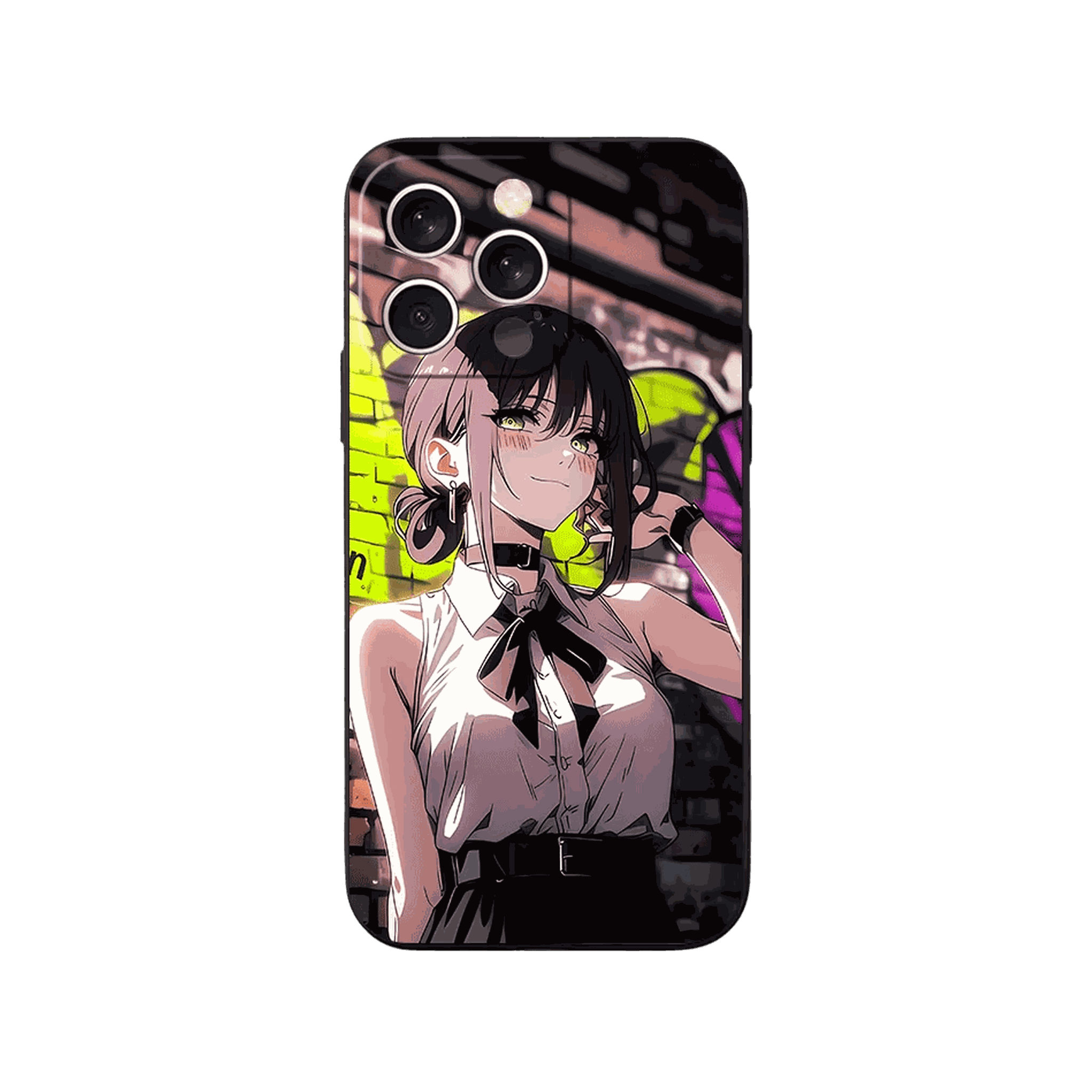 Coque iPhone Chainsaw Man – Reze, Mur de Graffitis, dominante noir et jaune fluo