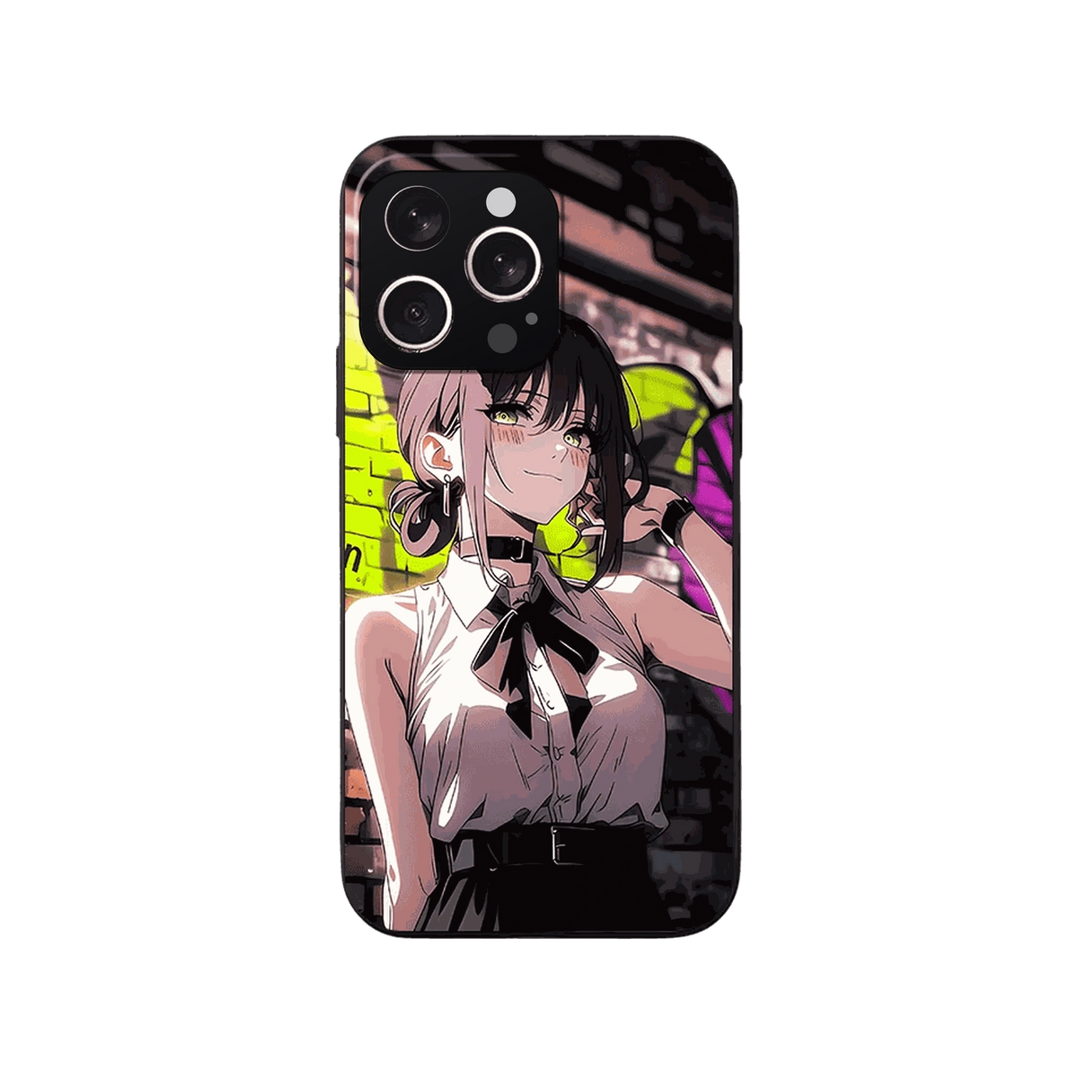 Coque iPhone Chainsaw Man – Reze, Mur de Graffitis, dominante noir et jaune fluo
