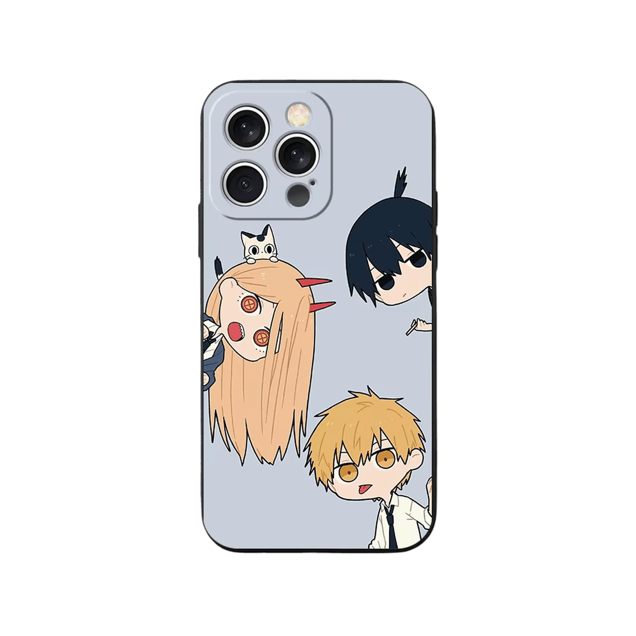 Coque iPhone Chainsaw Man – Le Trio Éparpillé, dominante gris bleuté