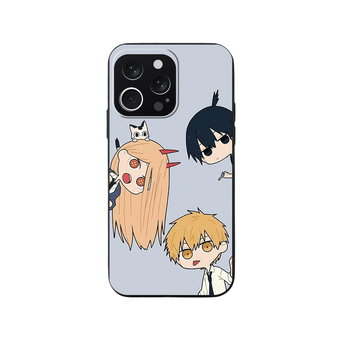 Coque iPhone Chainsaw Man – Le Trio Éparpillé, dominante gris bleuté
