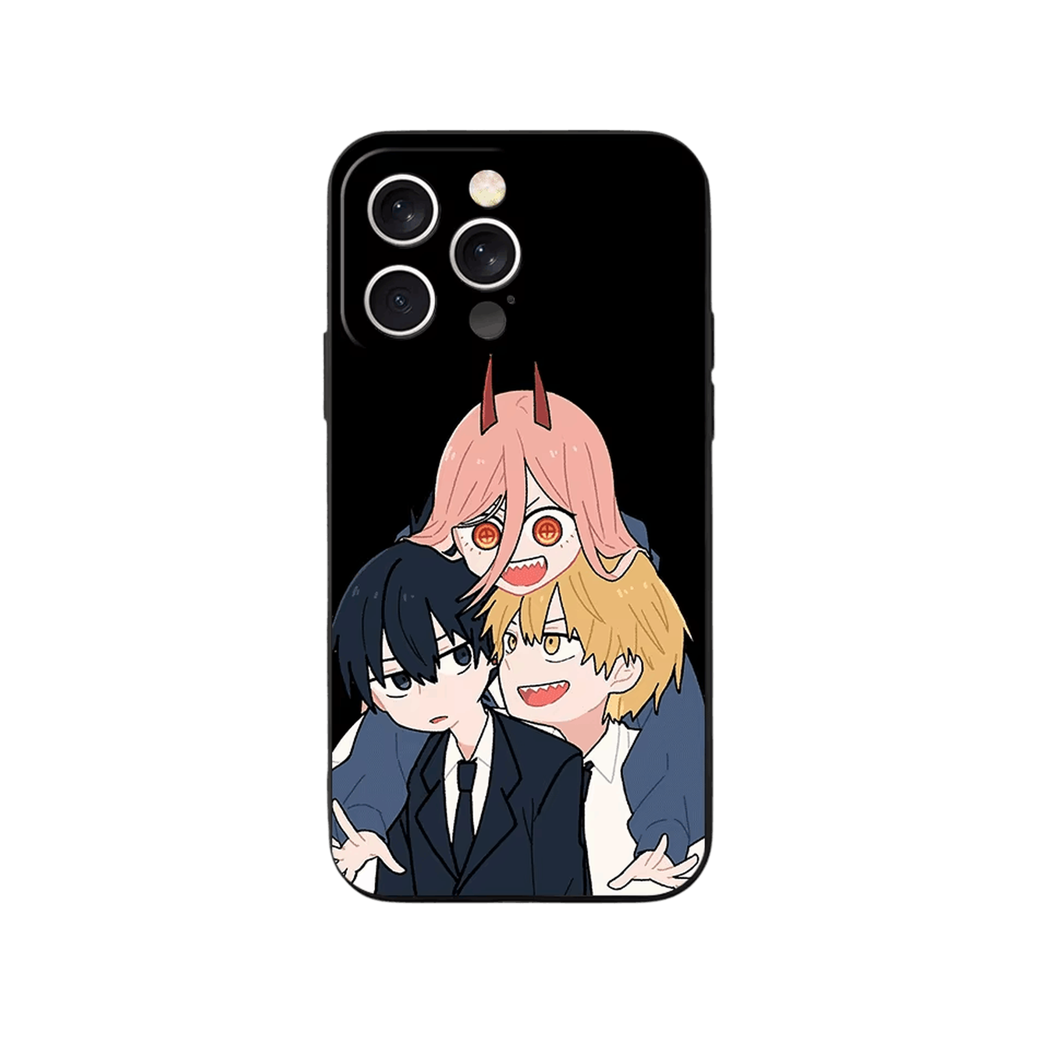 Coque iPhone Chainsaw Man – Le Trio sur Fond Noir, dominante noir