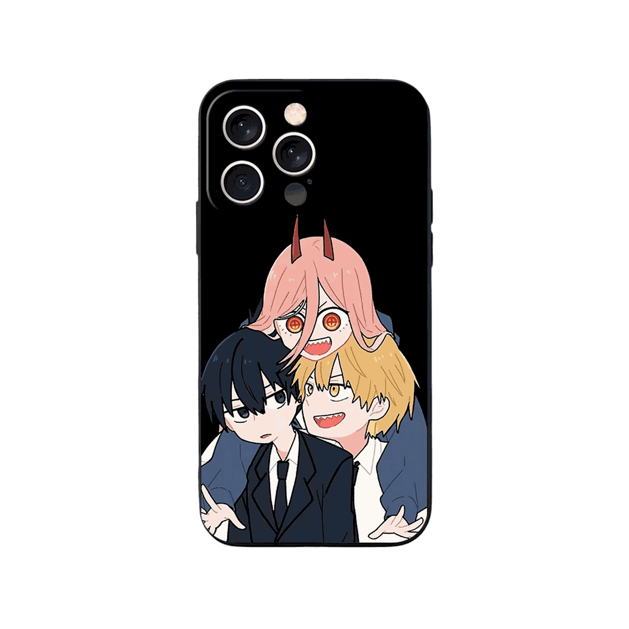 Coque iPhone Chainsaw Man – Le Trio sur Fond Noir, dominante noir