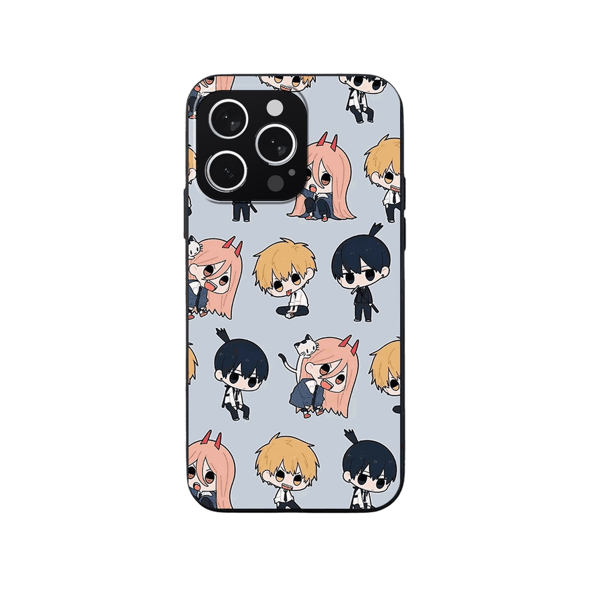 Coque iPhone Chainsaw Man – Le Trio en Motif, dominante gris bleuté