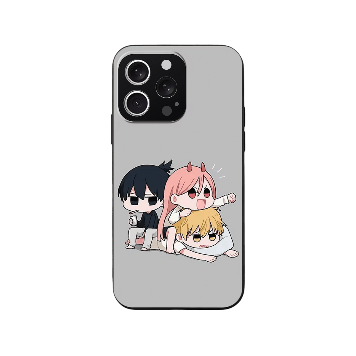 Coque iPhone Chainsaw Man – Le Trio en Pause, dominante gris