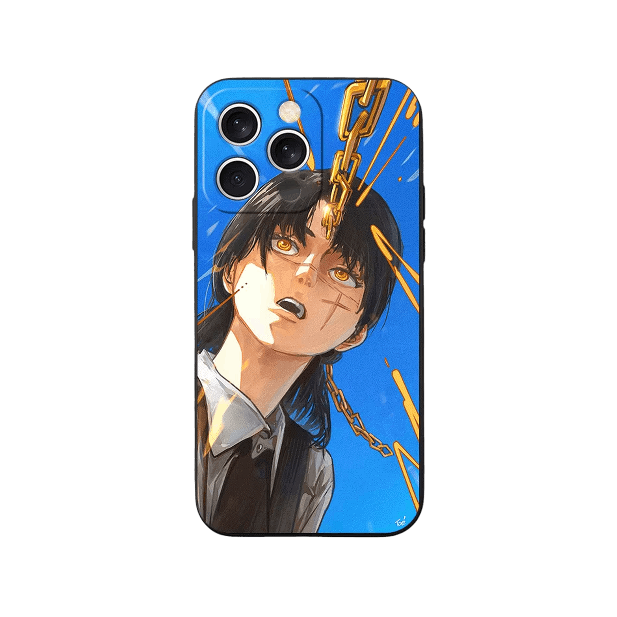 Coque iPhone Chainsaw Man – Yoru, Chaînes Dorées, dominante bleu et or