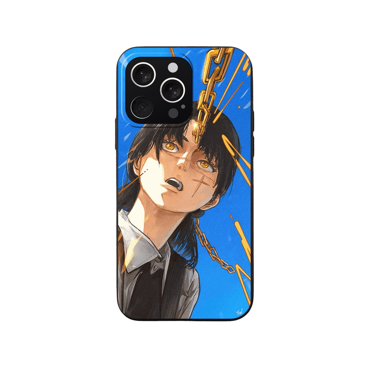 Coque iPhone Chainsaw Man – Yoru, Chaînes Dorées, dominante bleu et or