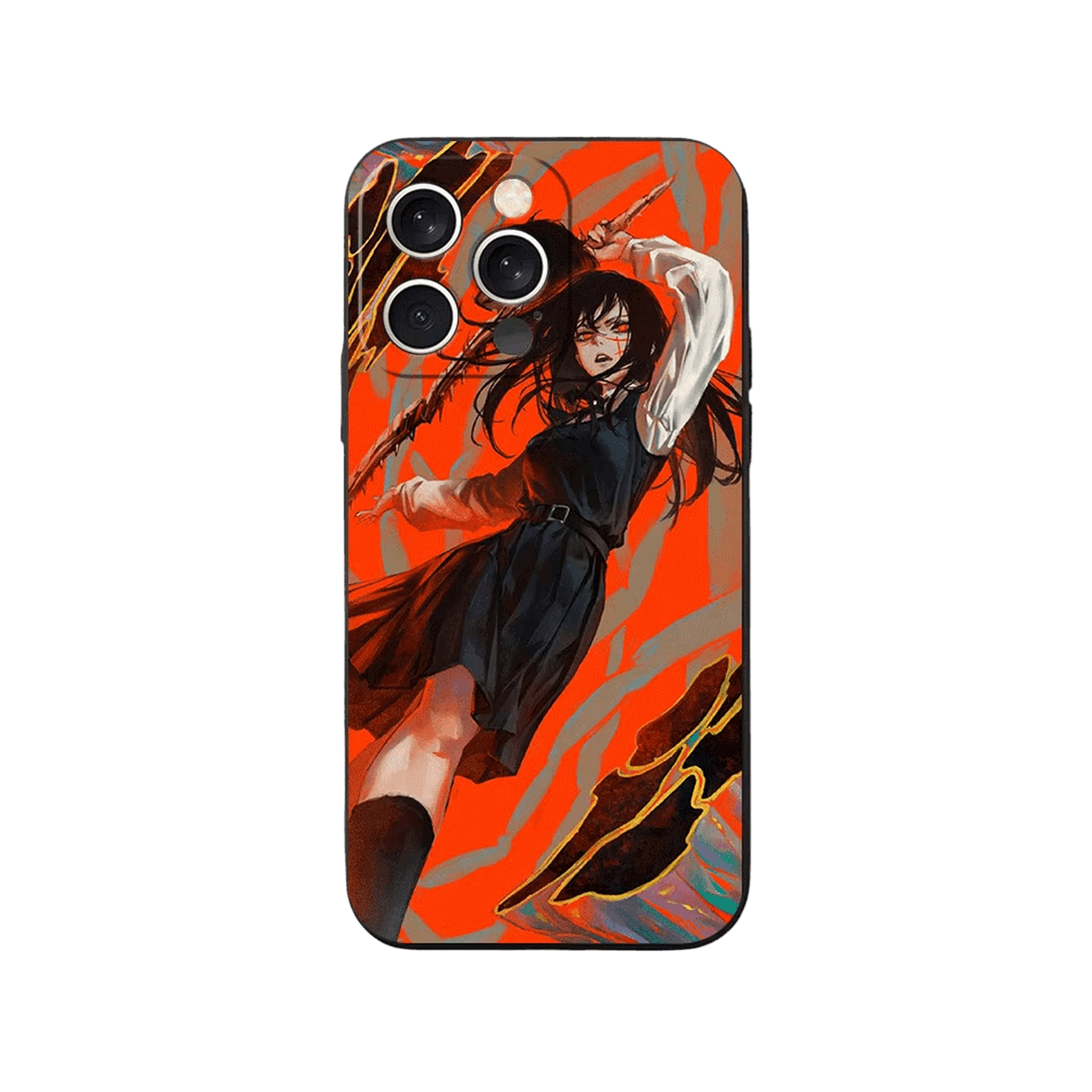 Coque iPhone Chainsaw Man – Yoru, Fond Orange, dominante orange vif