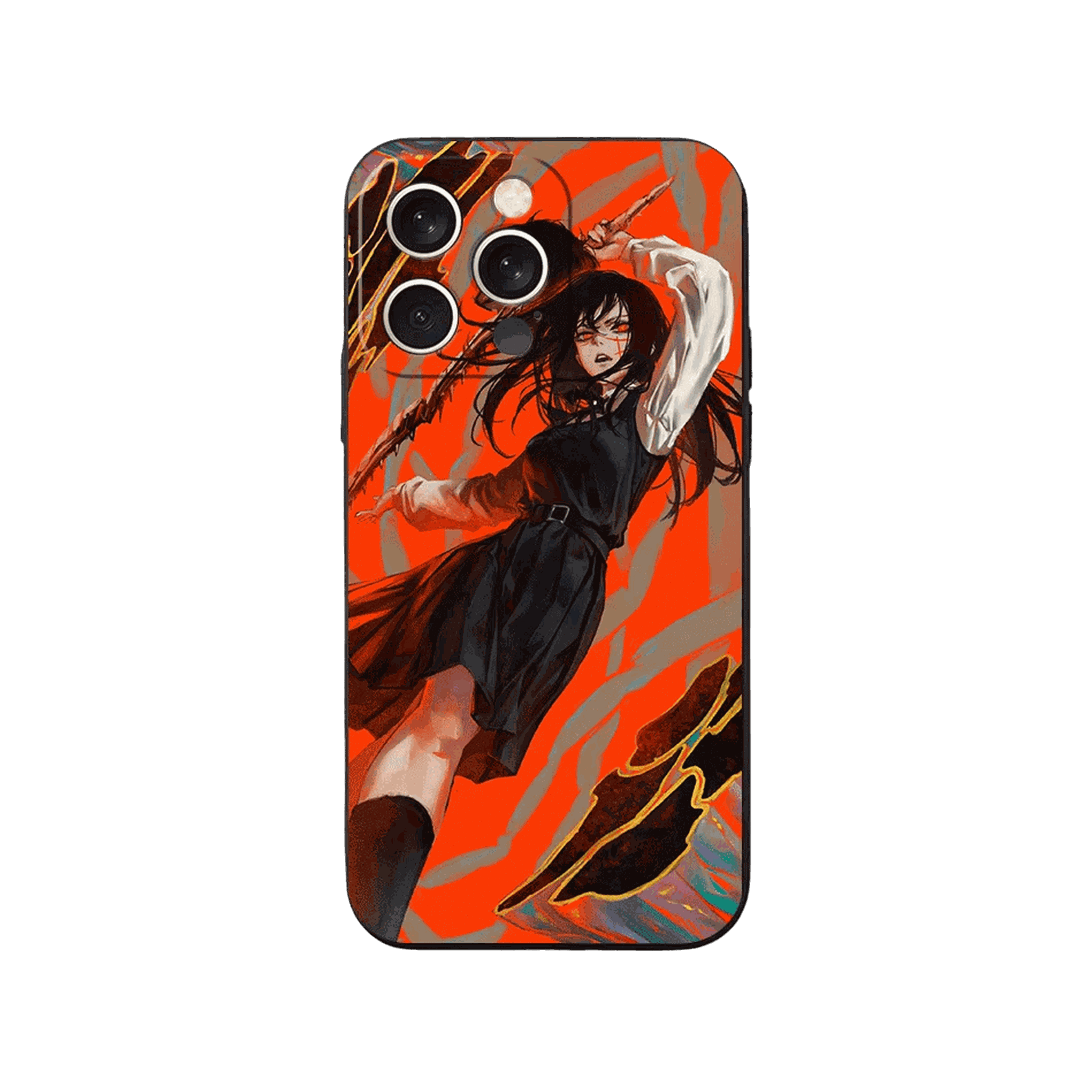 Coque iPhone Chainsaw Man – Yoru, Fond Orange, dominante orange vif