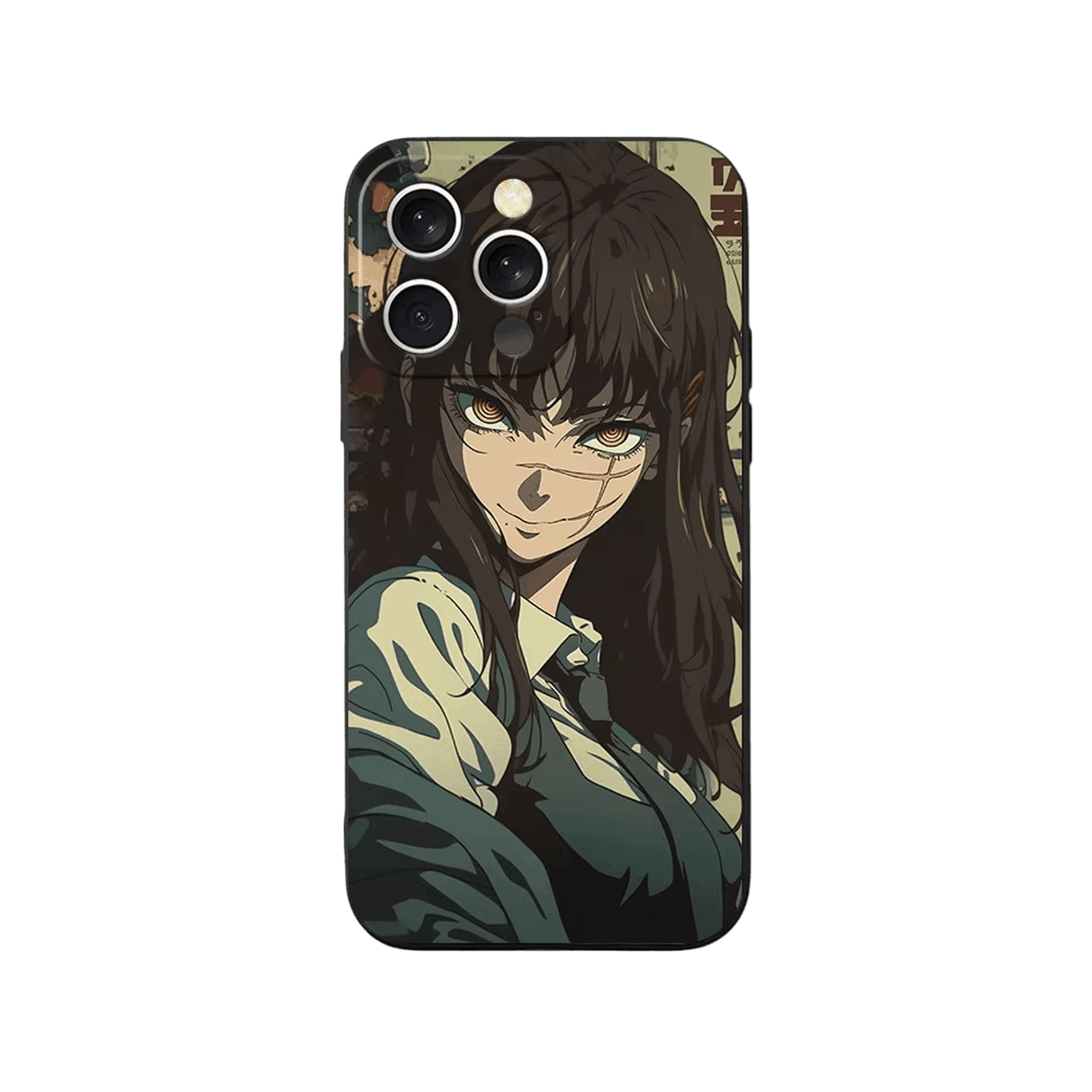 Coque iPhone Chainsaw Man – Yoru, Sourire de Rue, dominante brun et vert olive