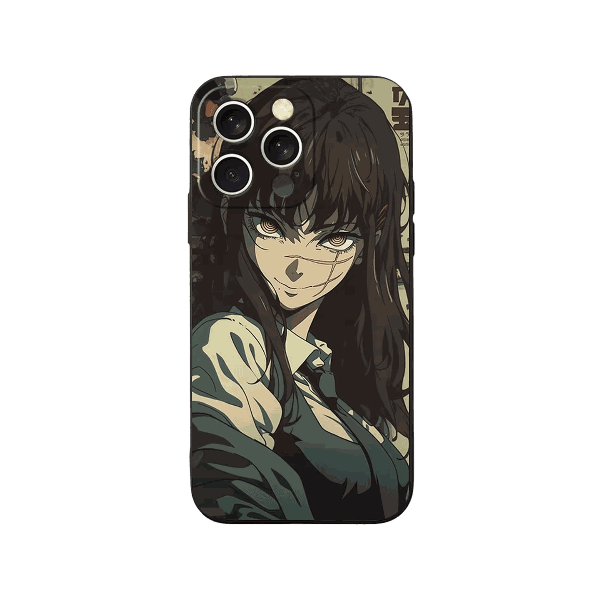 Coque iPhone Chainsaw Man – Yoru, Sourire de Rue, dominante brun et vert olive