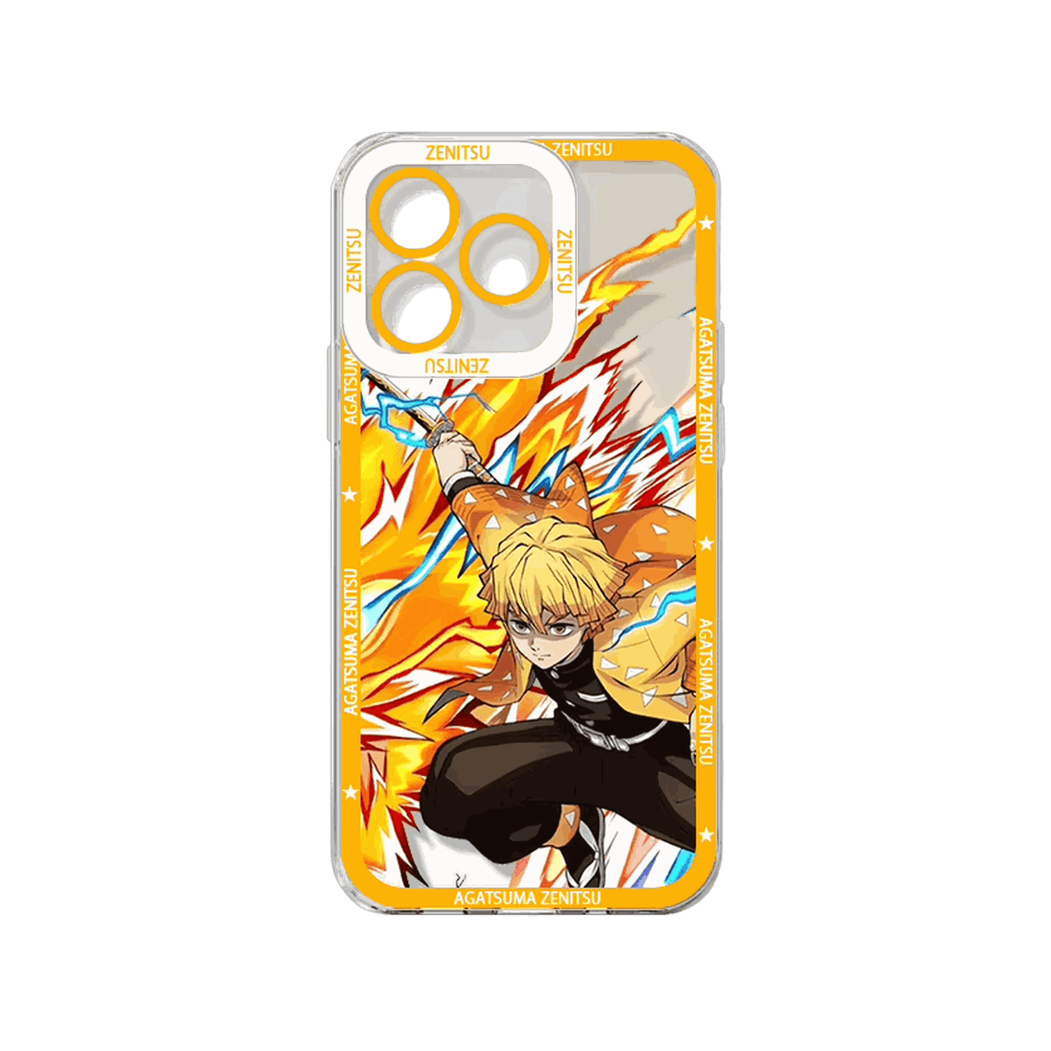 Coque iPhone Demon Slayer illustrant Agatsuma Zenitsu sur un panneau jaune