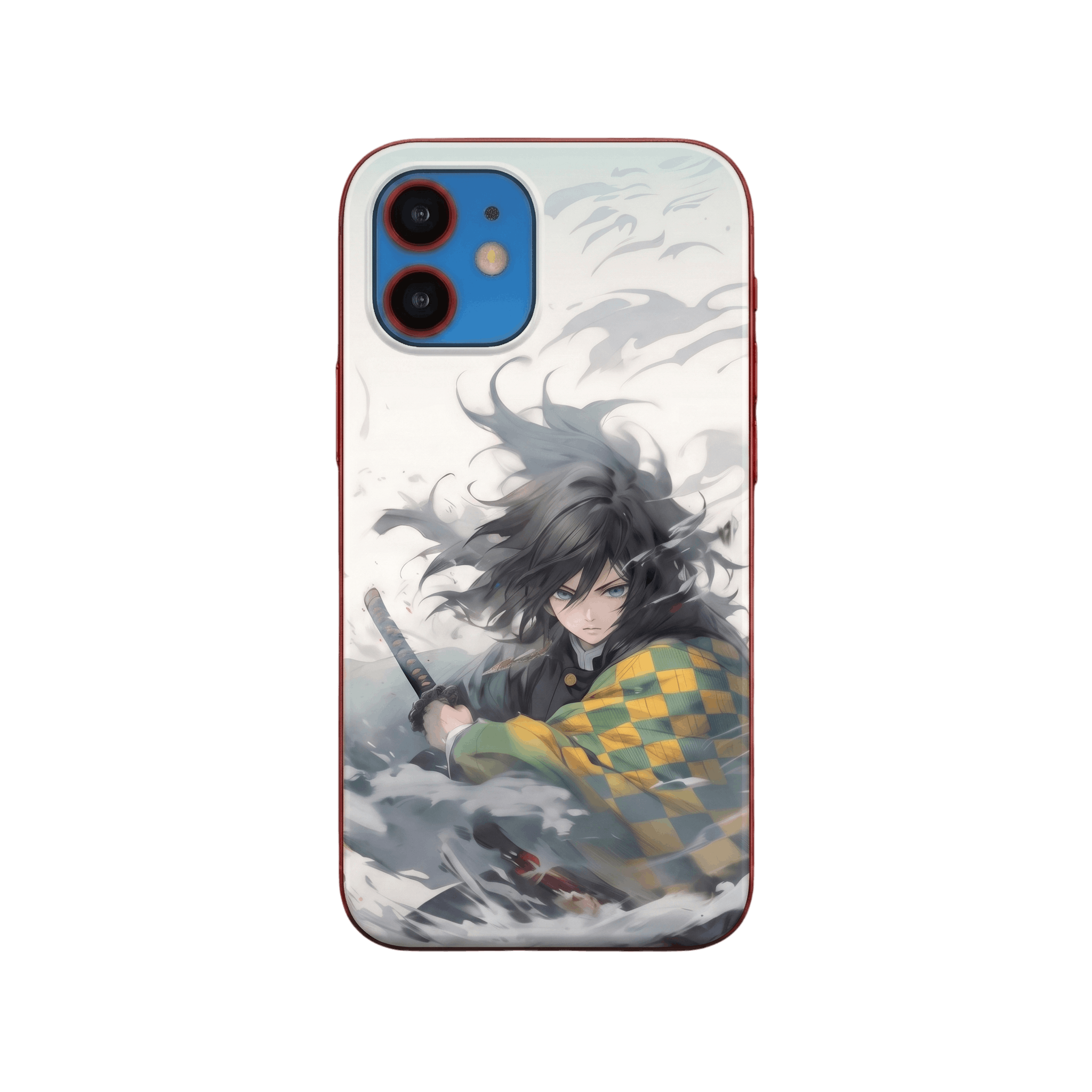 Coque iPhone Demon Slayer illustrant Giyu Tomioka et son haori bicolore à damier vert et jaune