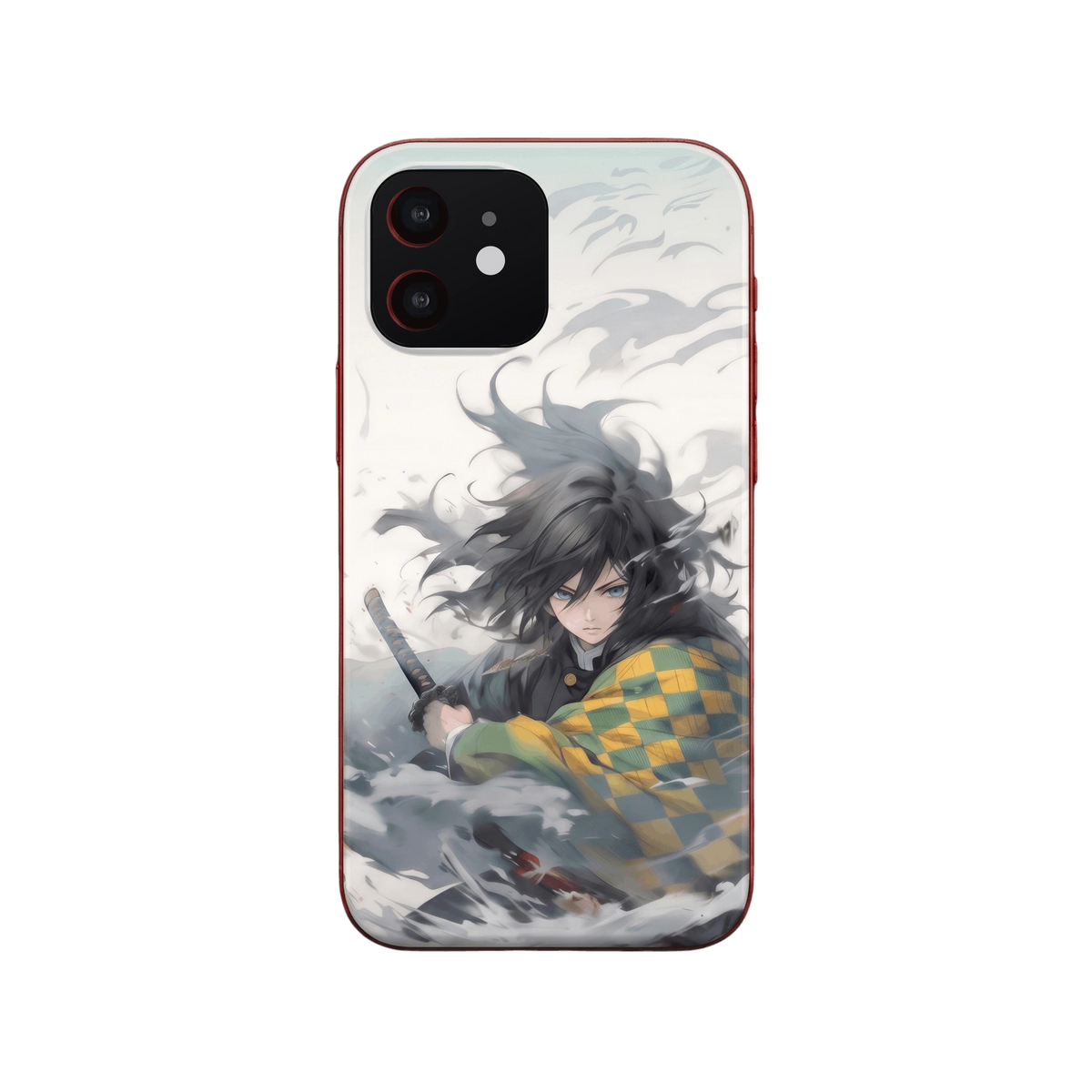 Coque iPhone Demon Slayer illustrant Giyu Tomioka et son haori bicolore à damier vert et jaune