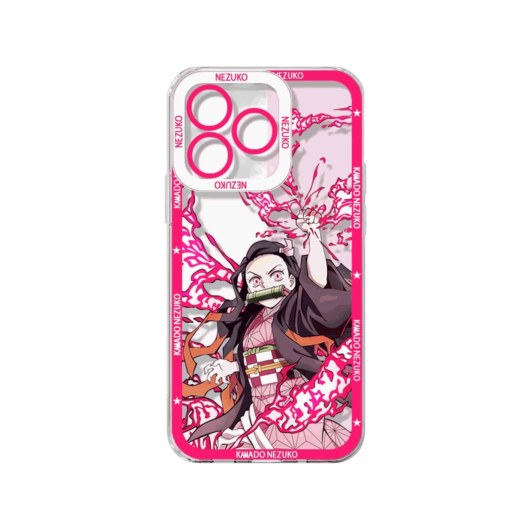 Coque iPhone Demon Slayer illustrant Kamado Nezuko sur un panneau rose
