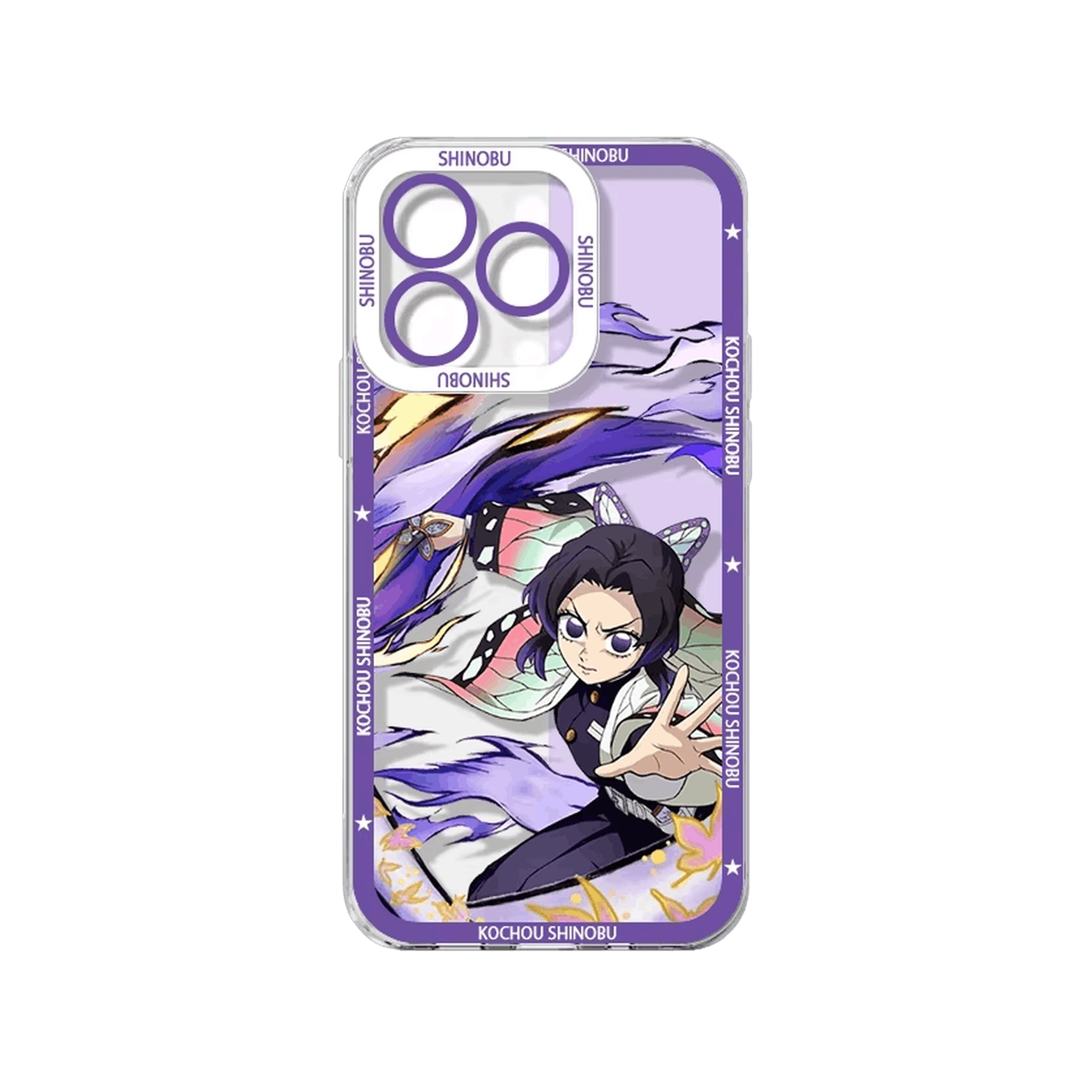 Coque iPhone Demon Slayer illustrant Kocho Shinobu sur un panneau violet